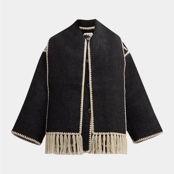 Toteme Fringe Embroidered Scarf Wool Jacket - Picture 1 of 4